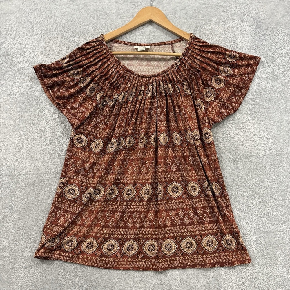Style & Co Blouse Women's Large Flutter Sleeve Scoop Neck Geometric Pattern
